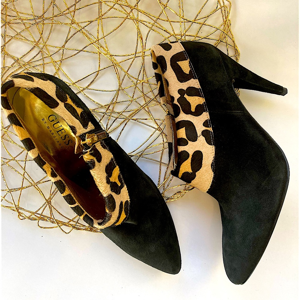 7 1/2 M, Guess by Marciano, black ankle boots with animal print trim